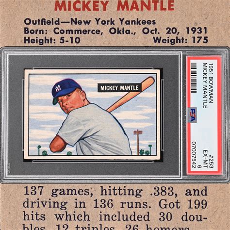 1951 Bowman 253 Mickey Mantle Rookie PSA EX MT 6 PRICE REALIZED