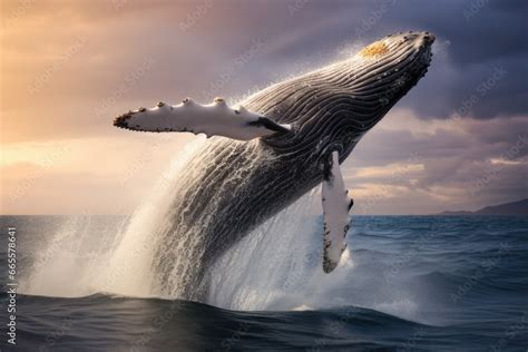 Humpback whale jumps out of the ocean at sunset. 3d illustration ...