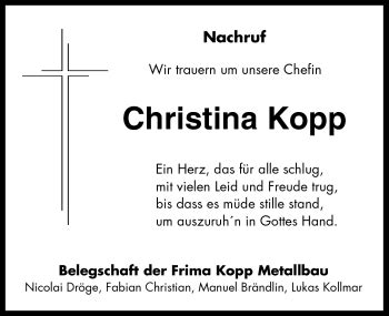 Traueranzeigen von Christina Kopp Schwarzwälder Bote Trauer