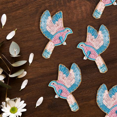 Pair Of Feathered Fiesta Bead Work Applique Blue Pink