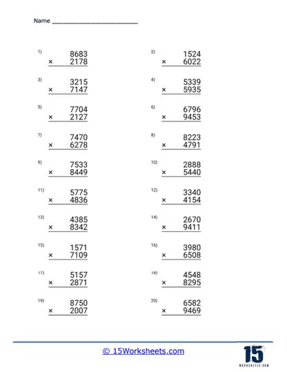 4 Digit Multiplication Worksheets 15