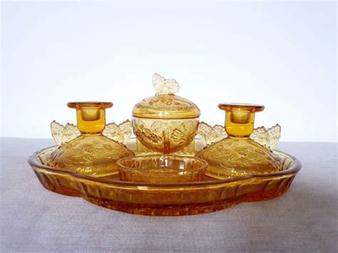 Sowerby Butterfly Amber Glass Dressing Table Set Anna S Art Deco