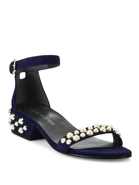 Stuart Weitzman All Pearls Studded Suede Block Heel Sandals In Blue Lyst