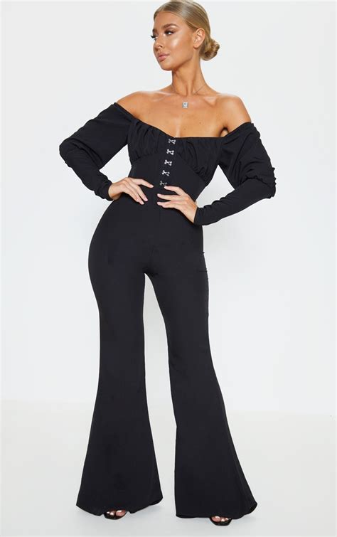 Black Ruched Flare Leg Bardot Jumpsuit Prettylittlething