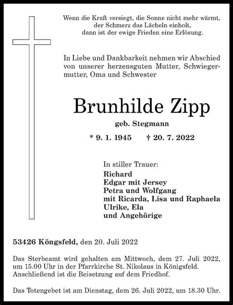 Traueranzeigen Von Brunhilde Zipp Rz Trauer De