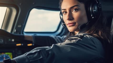 Premium Photo A Woman In A Pilots Cockpit With A Headset On Her Head