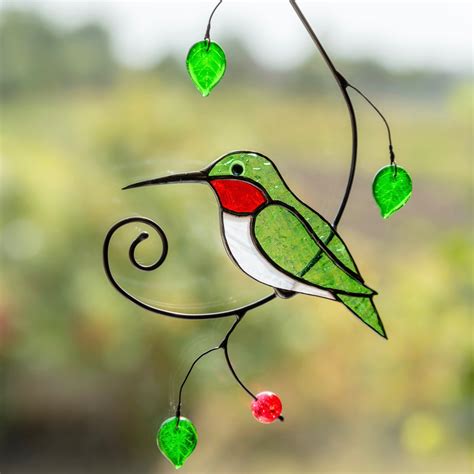 Ruby-throated hummingbird stained glass suncatcher for window decoration