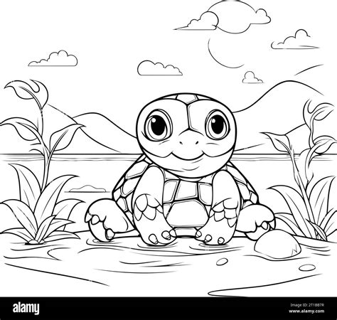 Cute Cartoon Turtle Sitting On The River Bank Vector Illustration