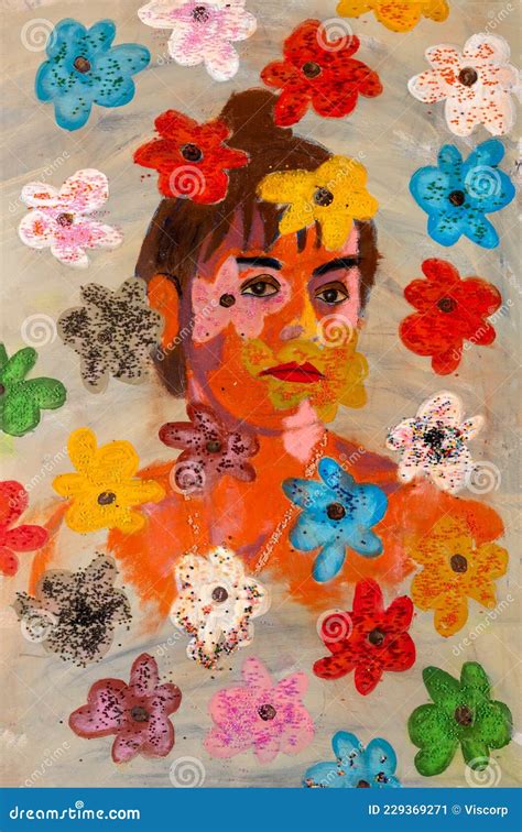 Portrait Acrylique Original D Une Jeune Femme Avec Des Fleurs