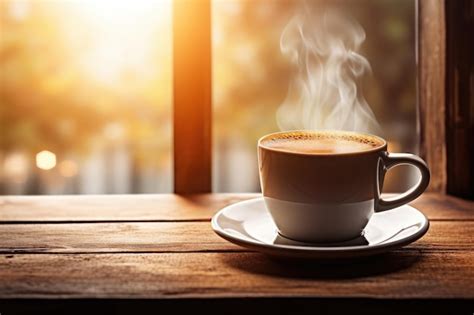 Premium AI Image Hot Coffee In Mug On Rustic Wooden Table And Back Light Background