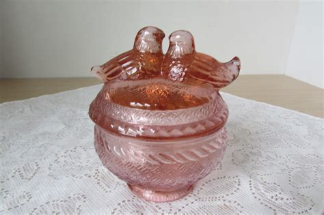 Vintage Pink Depression Glass Candy Jar With Love Birds On The Lid Antique Price Guide