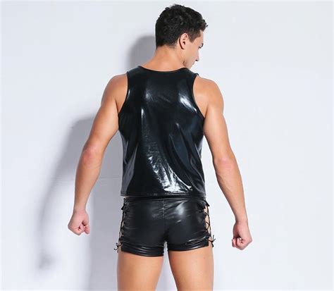 Plus Size PU Faux Leather Lingerie Men Latex Top Tanks Bandage Exotic Tanks Bodysuit Male Sexy