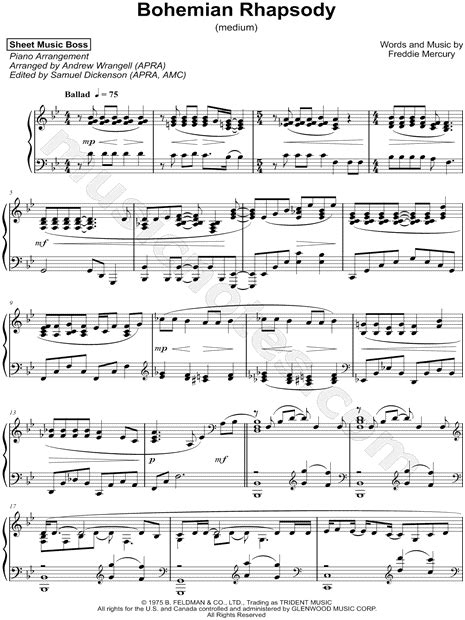 Queen Bohemian Rhapsody Sheet Music Notes Chords Download Printable