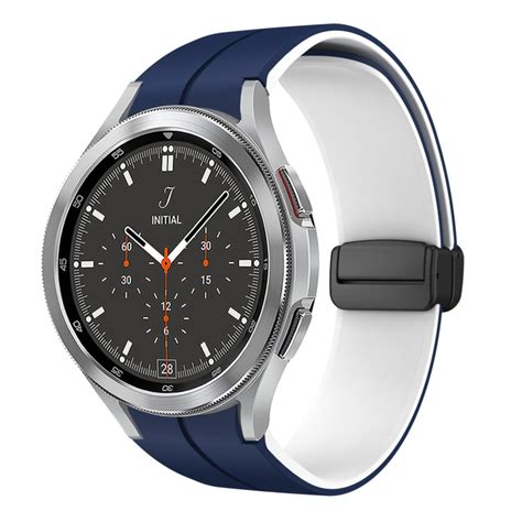 适用于 三星 Galaxy Watch 4 Classic 46mm 双色磁吸式折叠扣硅胶表带（午夜蓝白）