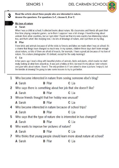 Reading Comprehension Pre Intermediate Worksheets Reading