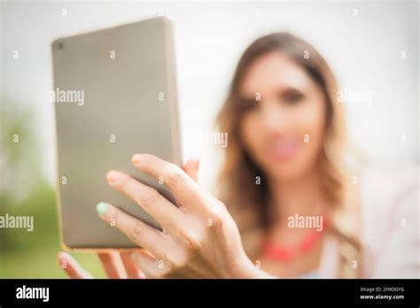 Attractive Young Model Fashion Woman Taking Selfies With Tablet