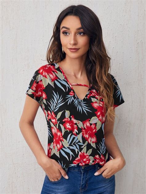 Shein Cutout V Neck Tropical Print Top Pink Shop