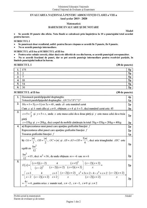 Barem De Evaluare Si Notare Model Subiecte Evaluare Nationala 2020