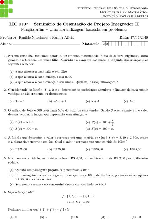 Atividade Função Afim Matemática Básica