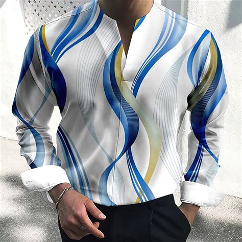 Hombre Camisa Curvo Estampados Geometr A Escote En Pico Azul Verde Vino