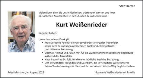 Traueranzeigen von Kurt Weißenrieder schwaebische de Trauerportal