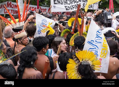 Indigenous People Demonstrate Carrying Xingu Vivo Para Sempre Xingu