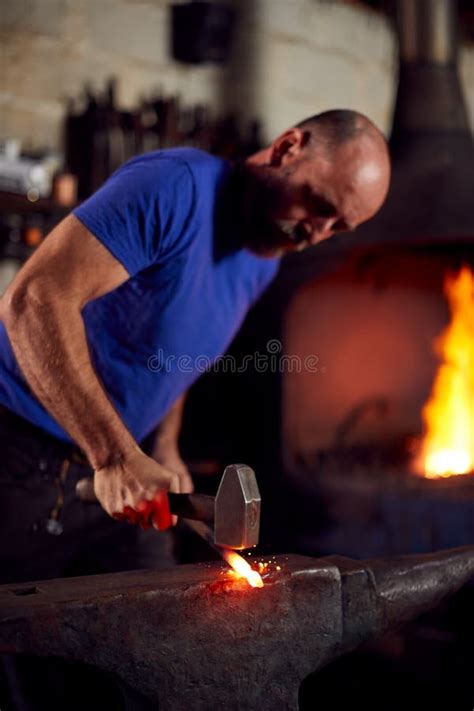 Blacksmith Hammering Hot Metal Stock Image Image Of Forge Anvil