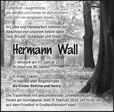 Traueranzeigen Von Hermann Wall M Rkische Onlinezeitung Trauerportal