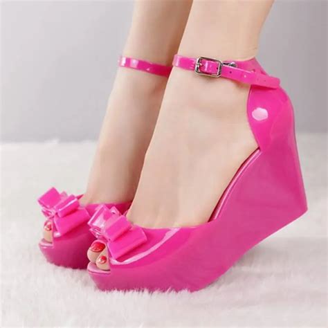 Womens Jelly Sandals Peep Toe Bowknot Platform Shoes Summer Wedge High