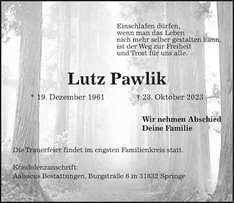 Traueranzeigen Von Lutz Pawlik Trauer Anzeigen De