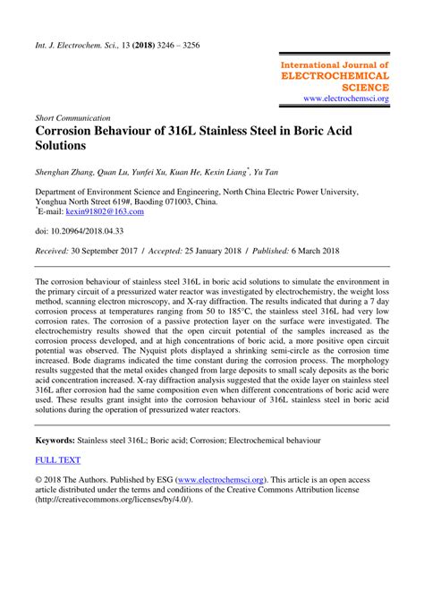 Pdf Corrosion Behaviour Of 316l Stainless Steel In Boric Acid Solutions