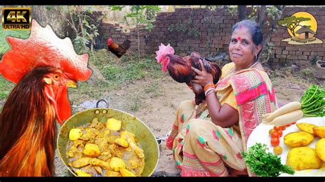 Village Famous Red Country Chicken Curry Eating With Rice Village