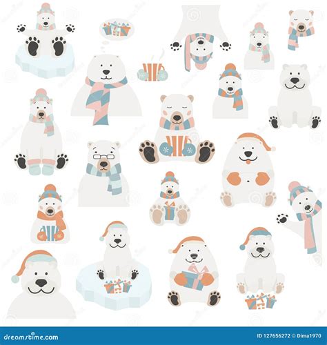 Cute Polar Bear Sticker Set Elements For Christmas Holiday Greeting