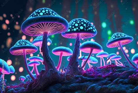 Glowing Spotted Fluorescent Mushrooms Mystic Luminescent Forest