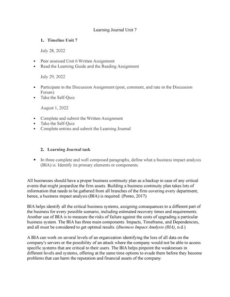 Bus Learning Journal Unit Learning Journal Unit Timeline Unit