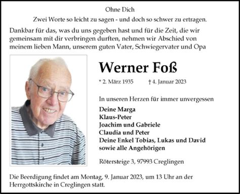 Traueranzeigen von Werner Foß Trauerportal Ihrer Tageszeitung