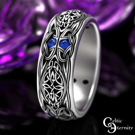 Mens Sapphire Knotwork Ring Mens Sterling Silver Wedding Band