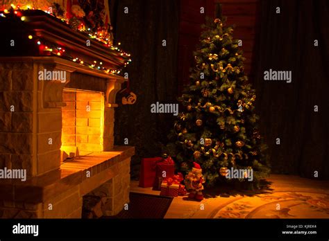 Beautiful House Decorated For Christmas Interior With Fireplace Stock