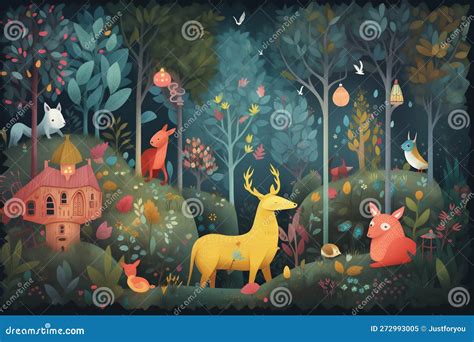 Magical Forest with Fantastical Creatures, Trees with Twisting Branches ...