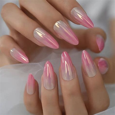 High Shine Ombre Pink Nude Chrome Mirror Shiny Long Press On Nails In Gel Nails Ombre