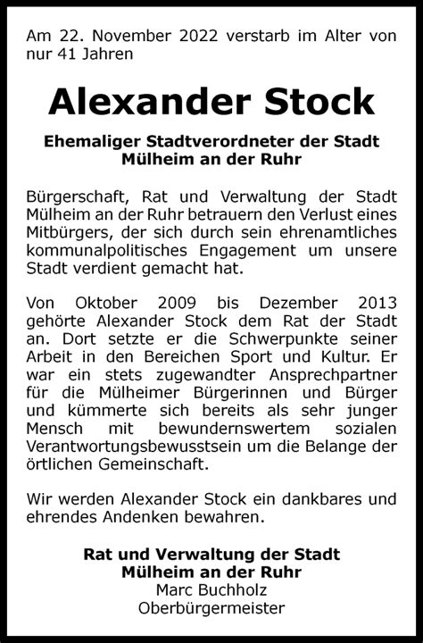 Traueranzeigen Von Alexander Stock Trauer In Nrw De