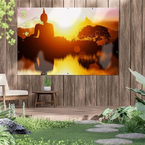 Gards Tuinposter Silhouet Van Boeddha Beeld Met Zonsondergang X