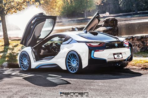 Revolutionary Machine White BMW I8 On Blue Forged Rennen Wheels