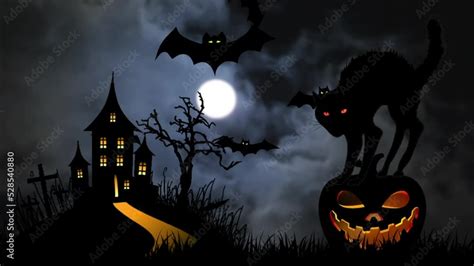 Scary Black Cat With Red Eyes On Jack O Lantern Bats Flying Over