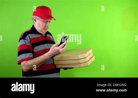 Mature Delivery Man Showing Blank Advertising Display Smartphone And