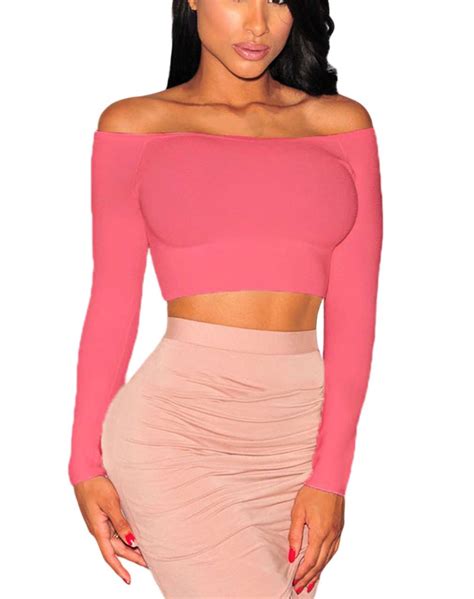 New Women Sexy Off Shoulder Long Sleeve Knit Crop Tops Shirt Summer