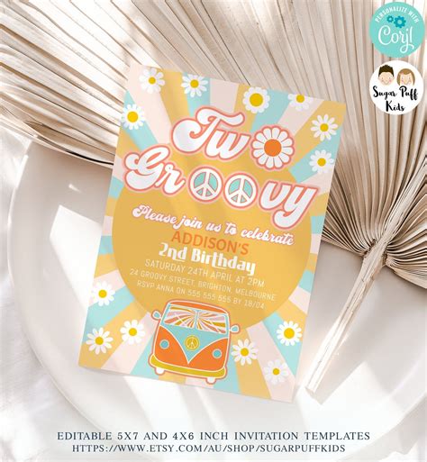 Printable Two Groovy Birthday Invitation Editable Retro Nd Etsy