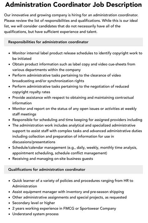 Administration Coordinator Job Description Velvet Jobs