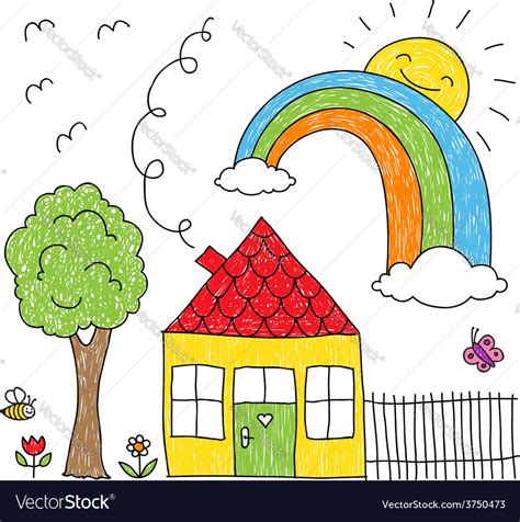 Kid s drawing of a house a tree and a rainbow Vector Image