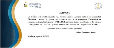 Invitaci N Ceremonia Lit Rgica De Aniversario N Mero Colegio Santa Marta